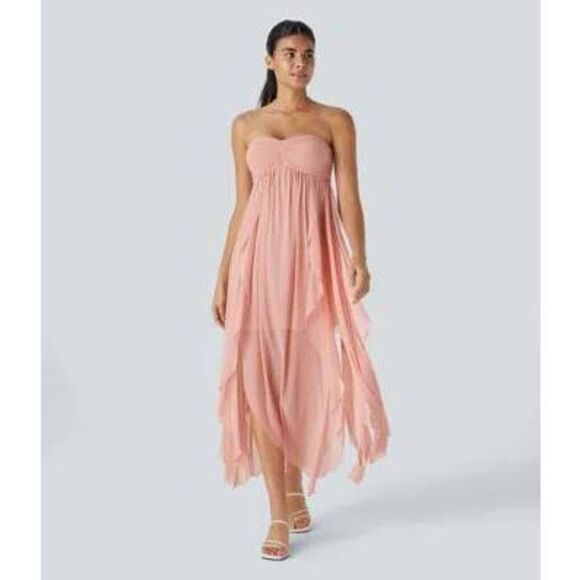 NWT Halara Tube Tie Back Draped Ruffle Flowy Maxi Dress size L Pink